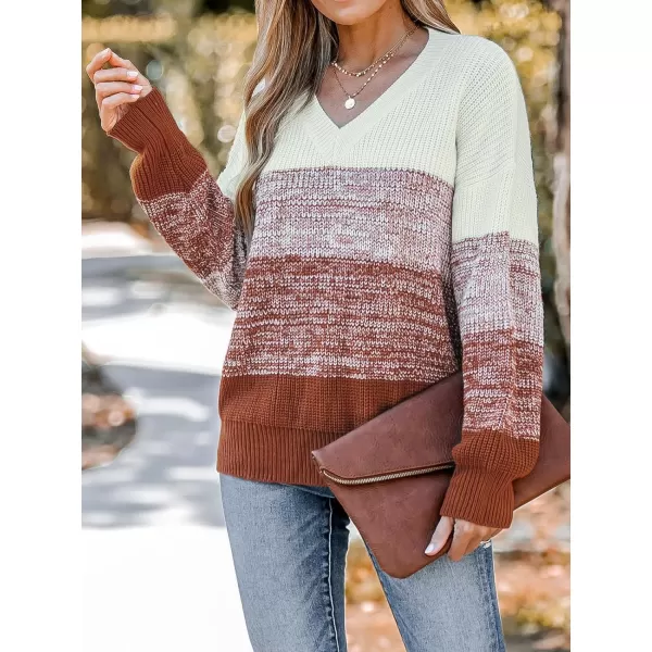imageCUPSHE Women Sweater Striped VNeck Tops Long Drop Sleeve Pullover CasualBrown