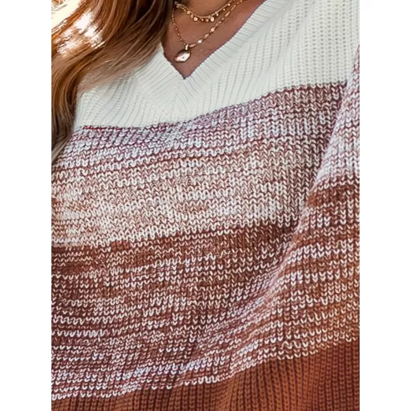imageCUPSHE Women Sweater Striped VNeck Tops Long Drop Sleeve Pullover CasualBrown