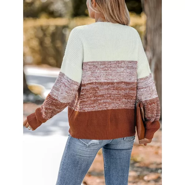imageCUPSHE Women Sweater Striped VNeck Tops Long Drop Sleeve Pullover CasualBrown