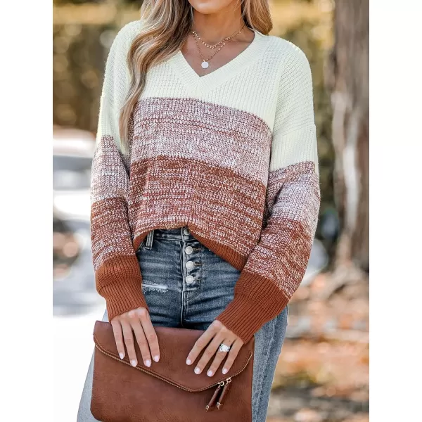 imageCUPSHE Women Sweater Striped VNeck Tops Long Drop Sleeve Pullover CasualBrown