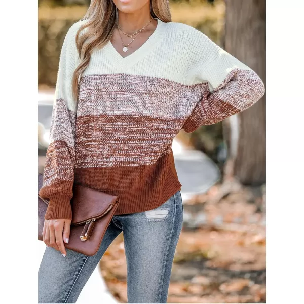 imageCUPSHE Women Sweater Striped VNeck Tops Long Drop Sleeve Pullover CasualBrown