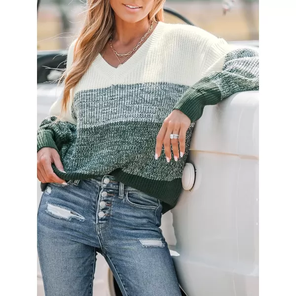 imageCUPSHE Women Sweater Striped VNeck Tops Long Drop Sleeve Pullover CasualGreen