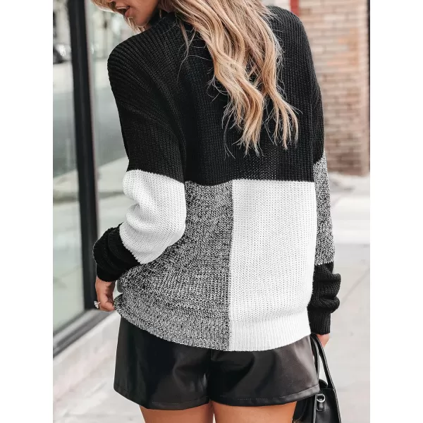 imageCUPSHE Women Sweaters Crew Neck Long Drop Sleeve Ribbed Knit Colorblock Pullover TopsBlack