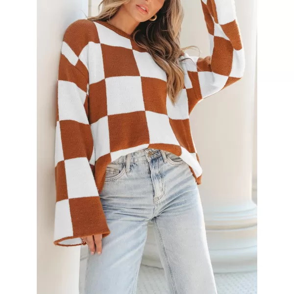 imageCUPSHE Women Sweaters Crew Neck Long Flare Sleeve Ribbed Knit Patterned Jumper TopsBrown