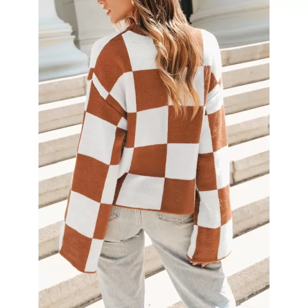 imageCUPSHE Women Sweaters Crew Neck Long Flare Sleeve Ribbed Knit Patterned Jumper TopsBrown