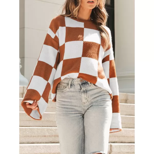 imageCUPSHE Women Sweaters Crew Neck Long Flare Sleeve Ribbed Knit Patterned Jumper TopsBrown