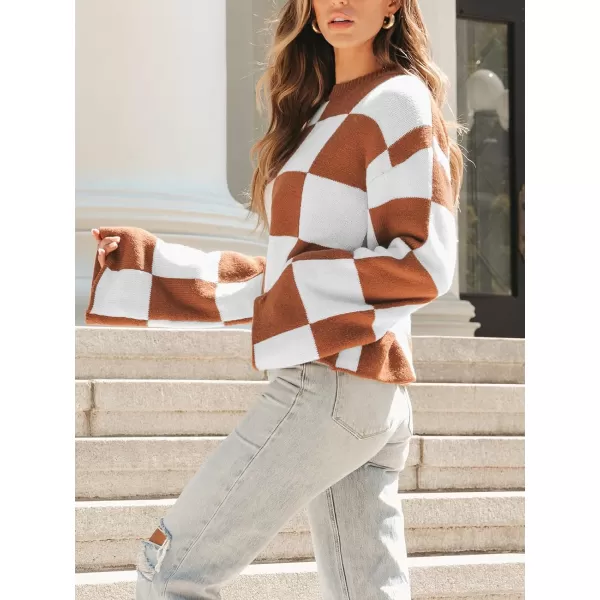 imageCUPSHE Women Sweaters Crew Neck Long Flare Sleeve Ribbed Knit Patterned Jumper TopsBrown