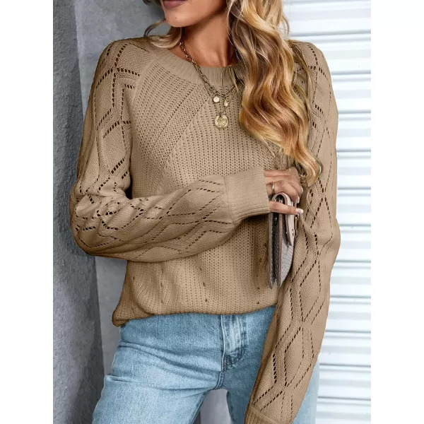 imageCUPSHE Women Sweaters Crew Neck Long Sleeve Ribbed Pointelle Knit Cutouts TopsKhaki