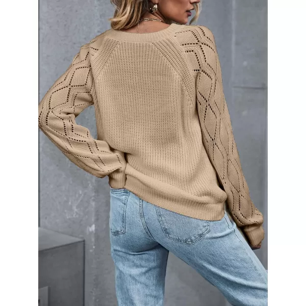 imageCUPSHE Women Sweaters Crew Neck Long Sleeve Ribbed Pointelle Knit Cutouts TopsKhaki
