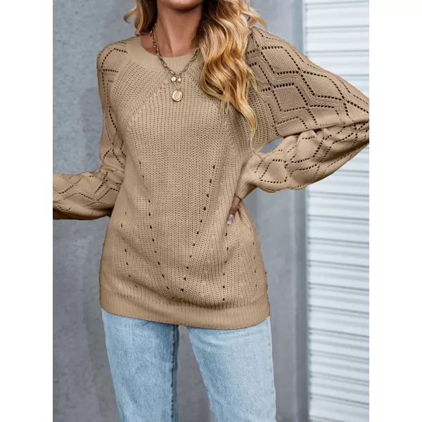 imageCUPSHE Women Sweaters Crew Neck Long Sleeve Ribbed Pointelle Knit Cutouts TopsKhaki