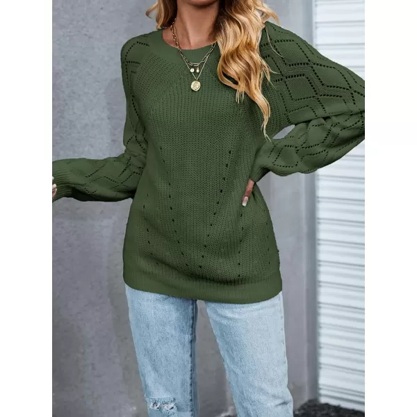 imageCUPSHE Women Sweaters Crew Neck Long Sleeve Ribbed Pointelle Knit Cutouts TopsOlive Green
