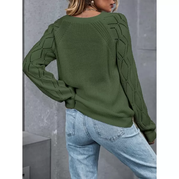 imageCUPSHE Women Sweaters Crew Neck Long Sleeve Ribbed Pointelle Knit Cutouts TopsOlive Green