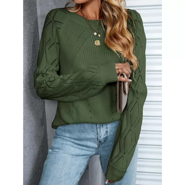 imageCUPSHE Women Sweaters Crew Neck Long Sleeve Ribbed Pointelle Knit Cutouts TopsOlive Green