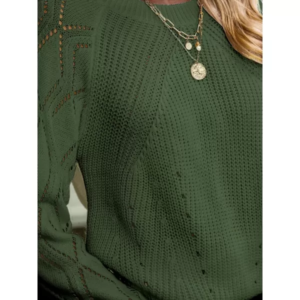 imageCUPSHE Women Sweaters Crew Neck Long Sleeve Ribbed Pointelle Knit Cutouts TopsOlive Green
