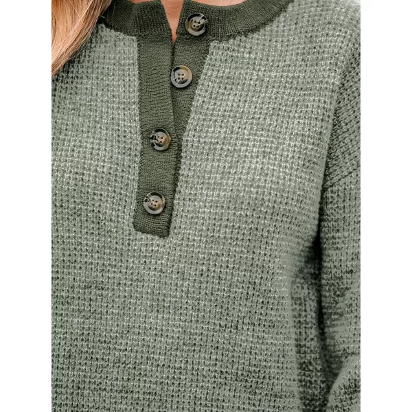 imageCUPSHE Women Sweaters HalfButton Long Round Neck Ribbed Marled Knit Jumper TopsGreen