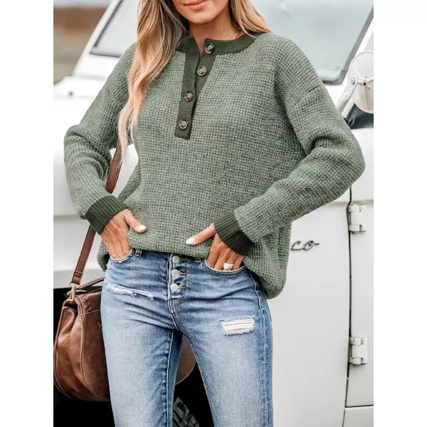 imageCUPSHE Women Sweaters HalfButton Long Round Neck Ribbed Marled Knit Jumper TopsGreen