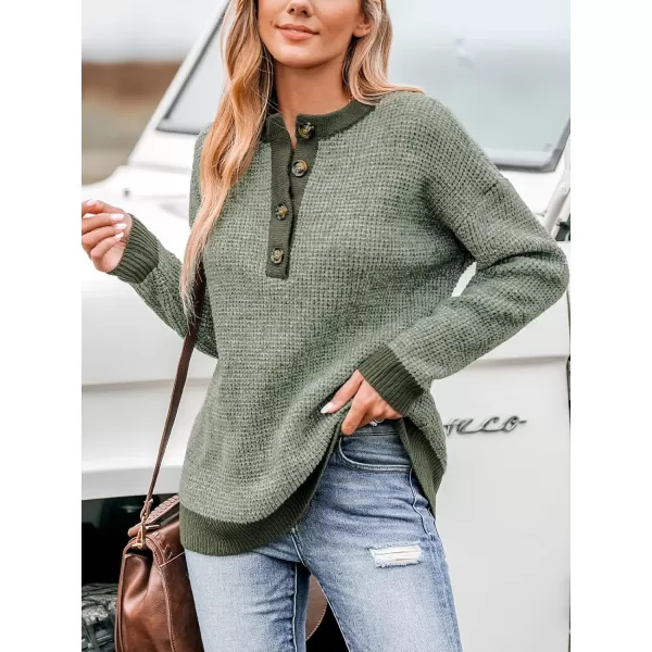 imageCUPSHE Women Sweaters HalfButton Long Round Neck Ribbed Marled Knit Jumper TopsGreen