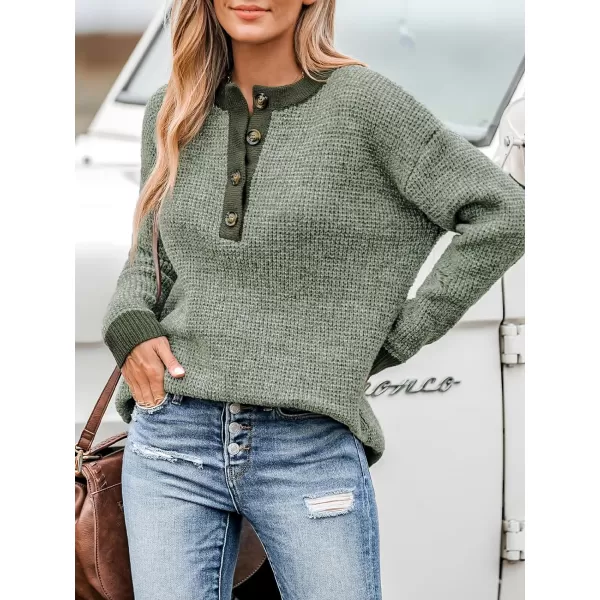 imageCUPSHE Women Sweaters HalfButton Long Round Neck Ribbed Marled Knit Jumper TopsGreen
