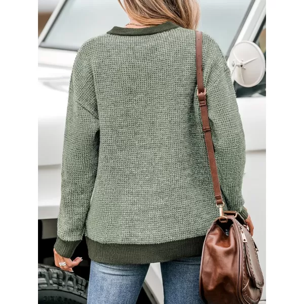 imageCUPSHE Women Sweaters HalfButton Long Round Neck Ribbed Marled Knit Jumper TopsGreen