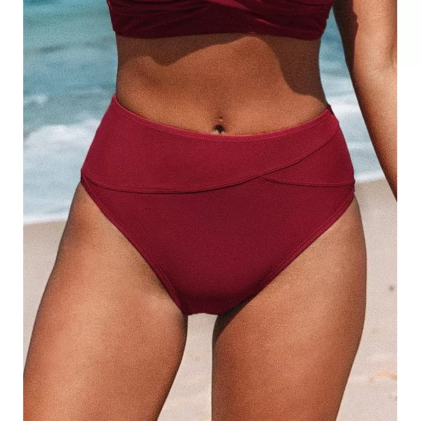 imageCUPSHE Women Swimsuit Bikini Bottom High Waisted Full Coverage Asymmetrical Bathing SuitWine Red