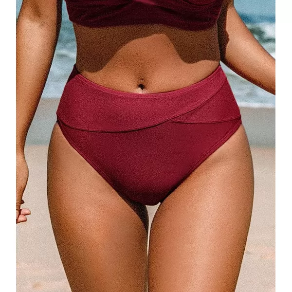 imageCUPSHE Women Swimsuit Bikini Bottom High Waisted Full Coverage Asymmetrical Bathing SuitWine Red