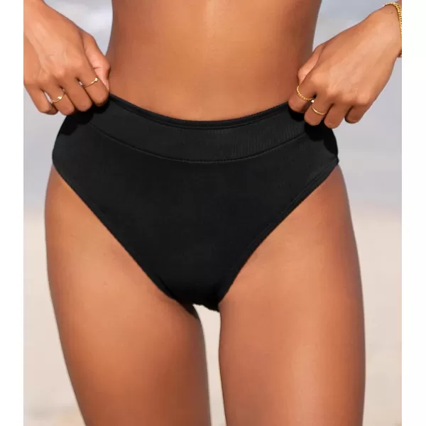 imageCUPSHE Women Swimsuit Bikini Bottom High Waisted Ribbed Textured Full Coverage Bathing SuitBlack