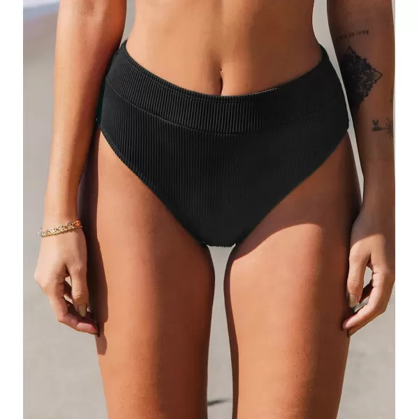 imageCUPSHE Women Swimsuit Bikini Bottom High Waisted Ribbed Textured Full Coverage Bathing SuitBlack