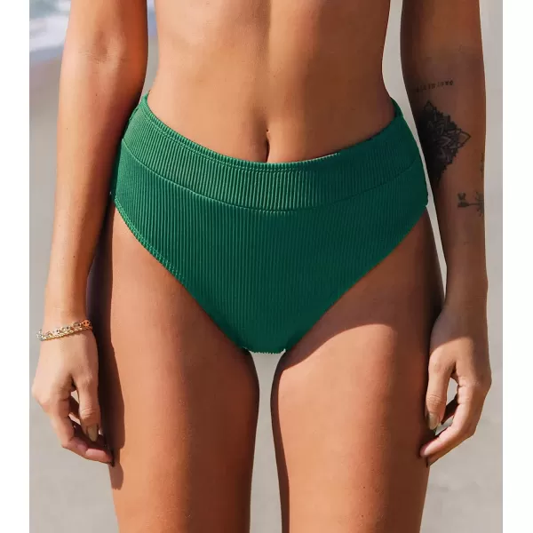 imageCUPSHE Women Swimsuit Bikini Bottom High Waisted Ribbed Textured Full Coverage Bathing SuitDark Green