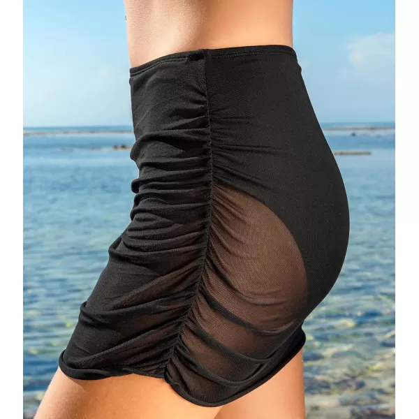 imageCUPSHE Women Swimsuit Bikini Bottom Mesh Mid Rise Full Coverage Ruched Bathing SuitBlack