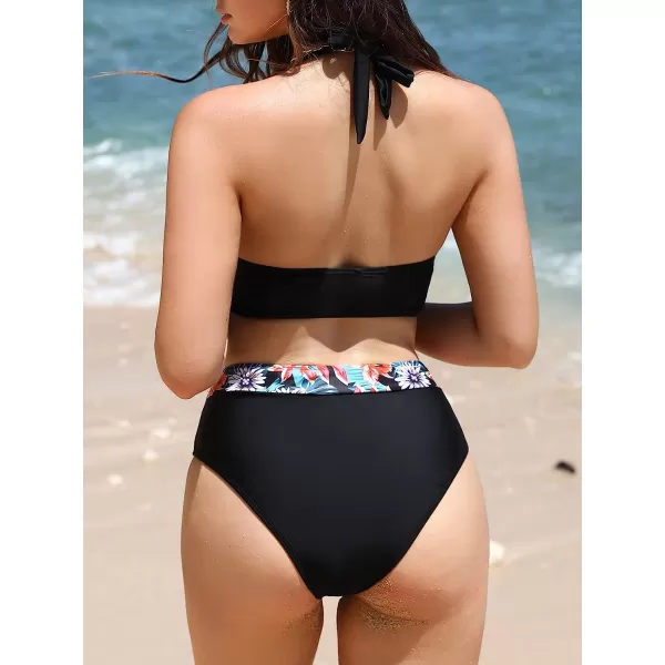 imageCUPSHE Women Swimsuit Bikini Set High Waisted Halter Ethnic Floral Two Piece Bathing SuitBlack  Floral