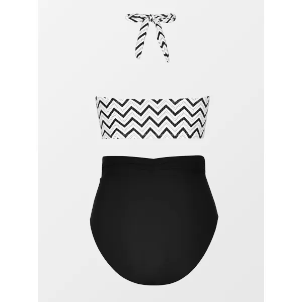 imageCUPSHE Women Swimsuit Bikini Set High Waisted Halter Tummy Control Geometric Print Bathing SuitBlack  White