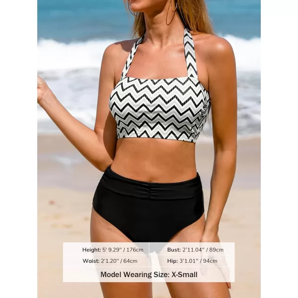 imageCUPSHE Women Swimsuit Bikini Set High Waisted Halter Tummy Control Geometric Print Bathing SuitBlack  White