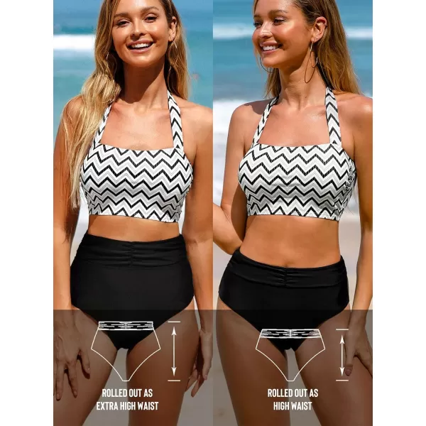 imageCUPSHE Women Swimsuit Bikini Set High Waisted Halter Tummy Control Geometric Print Bathing SuitBlack  White