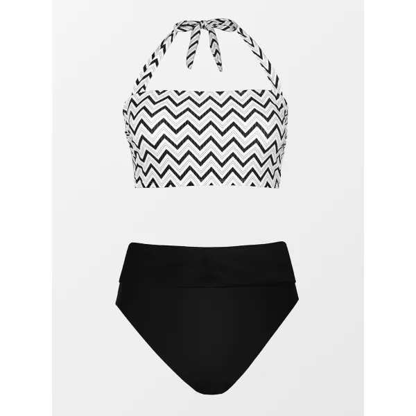 imageCUPSHE Women Swimsuit Bikini Set High Waisted Halter Tummy Control Geometric Print Bathing SuitBlack  White