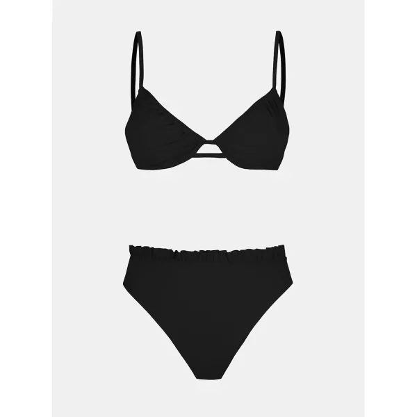 imageCUPSHE Women Swimsuit Bikini Set High Waisted Push Up Cheeky Drawstring Two Piece Bathing SuitBlack