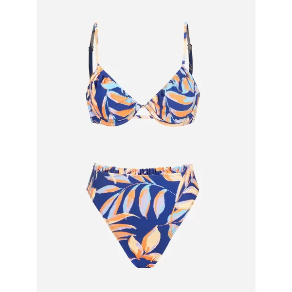 imageCUPSHE Women Swimsuit Bikini Set High Waisted Push Up Cheeky Drawstring Two Piece Bathing SuitBlue  Tropical
