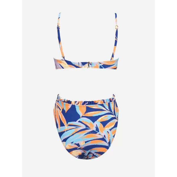 imageCUPSHE Women Swimsuit Bikini Set High Waisted Push Up Cheeky Drawstring Two Piece Bathing SuitBlue  Tropical