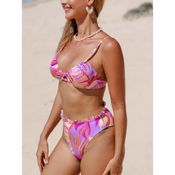 imageCUPSHE Women Swimsuit Bikini Set High Waisted Push Up Cheeky Drawstring Two Piece Bathing SuitColorful Tropical