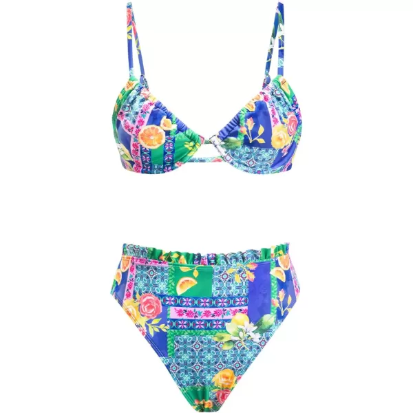 imageCUPSHE Women Swimsuit Bikini Set High Waisted Push Up Cheeky Drawstring Two Piece Bathing SuitIndigo BlueFruit