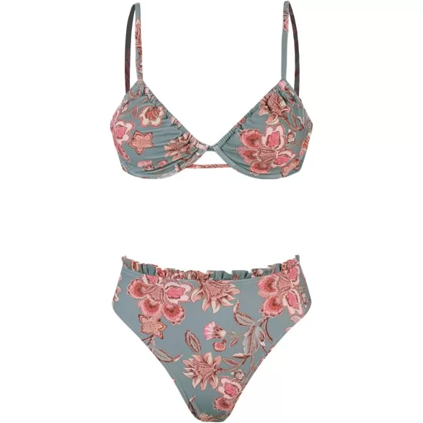 imageCUPSHE Women Swimsuit Bikini Set High Waisted Push Up Cheeky Drawstring Two Piece Bathing SuitSage GreenPink Floral