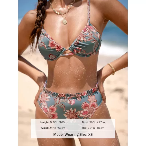 imageCUPSHE Women Swimsuit Bikini Set High Waisted Push Up Cheeky Drawstring Two Piece Bathing SuitSage GreenPink Floral