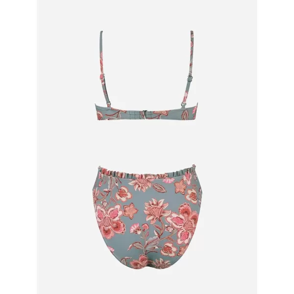 imageCUPSHE Women Swimsuit Bikini Set High Waisted Push Up Cheeky Drawstring Two Piece Bathing SuitSage GreenPink Floral