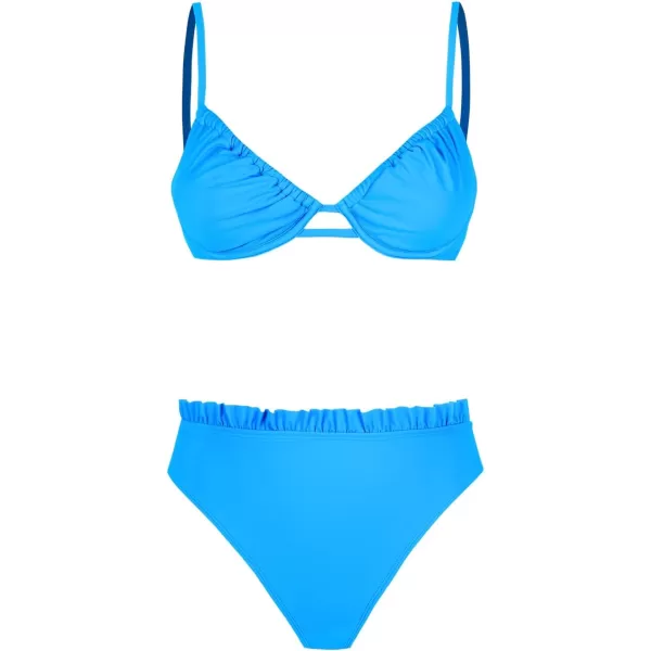 imageCUPSHE Women Swimsuit Bikini Set High Waisted Push Up Cheeky Drawstring Two Piece Bathing SuitSky Blue
