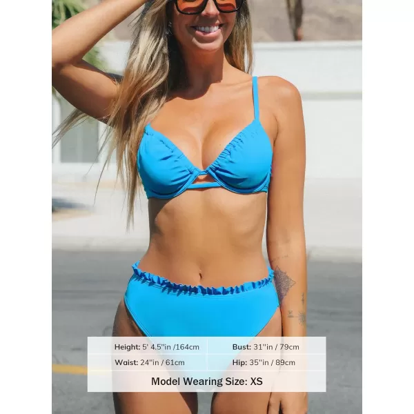 imageCUPSHE Women Swimsuit Bikini Set High Waisted Push Up Cheeky Drawstring Two Piece Bathing SuitSky Blue