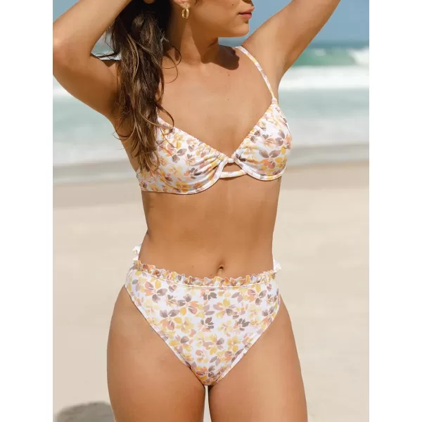 imageCUPSHE Women Swimsuit Bikini Set High Waisted Push Up Cheeky Drawstring Two Piece Bathing SuitWhite  Floral
