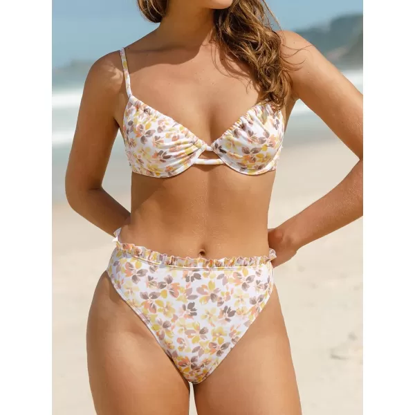 imageCUPSHE Women Swimsuit Bikini Set High Waisted Push Up Cheeky Drawstring Two Piece Bathing SuitWhite  Floral