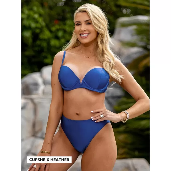 imageCUPSHE Women Swimsuit Bikini Set High Waisted Push Up Cheeky V Wire Two Piece Bathing SuitDark Blue