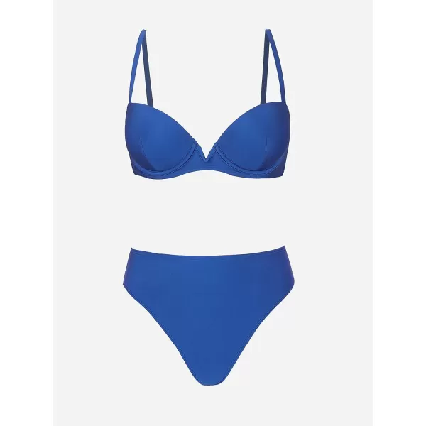 imageCUPSHE Women Swimsuit Bikini Set High Waisted Push Up Cheeky V Wire Two Piece Bathing SuitDark Blue