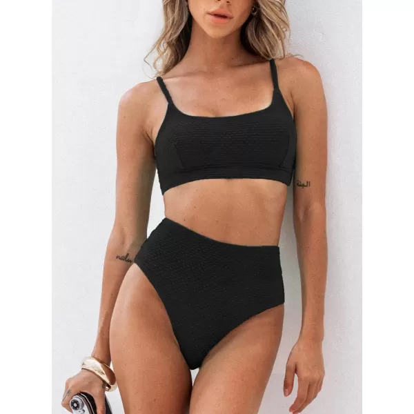 imageCUPSHE Women Swimsuit Bikini Set High Waisted Ribbed Texture Widen Trim Two Piece Bathing SuitBlack