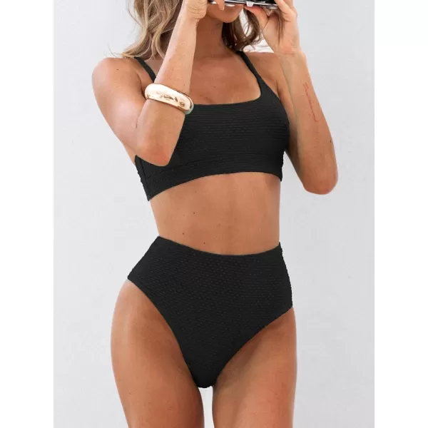 imageCUPSHE Women Swimsuit Bikini Set High Waisted Ribbed Texture Widen Trim Two Piece Bathing SuitBlack